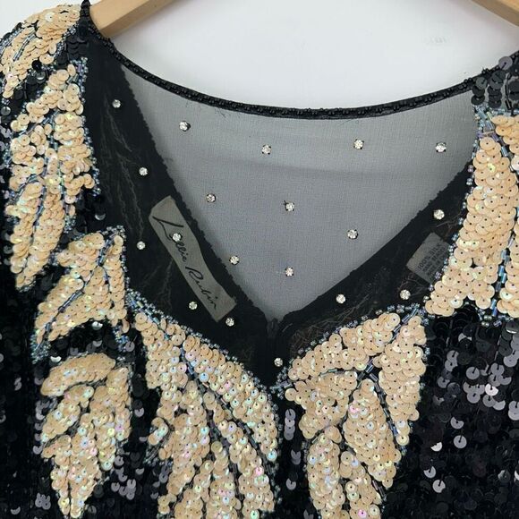 Lillie Rubin Women’s Black Cream All Over Sequin Leaf Illusion Neck Mini Dress - Picture 13 of 16